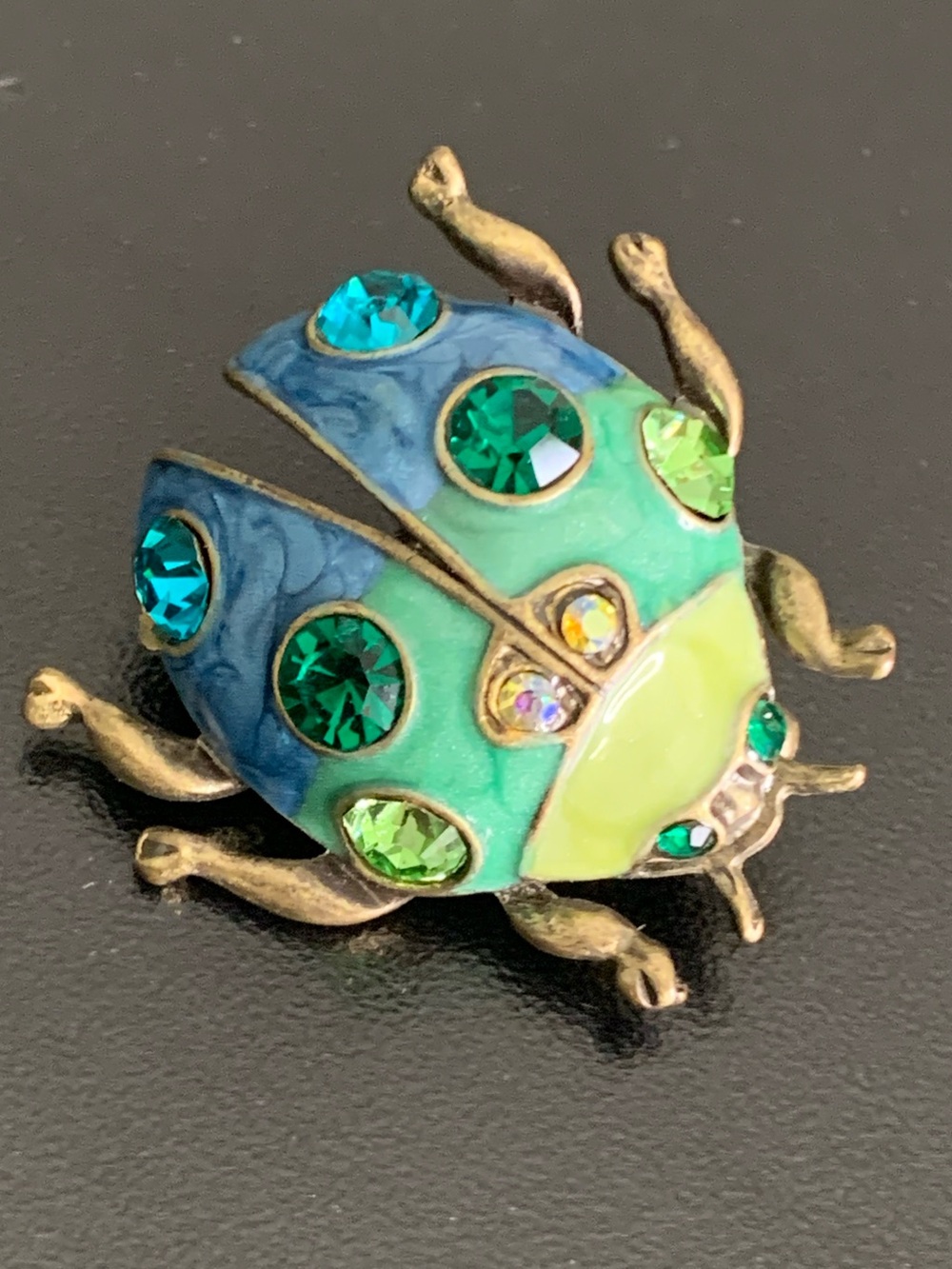 Vintage Jeweled Beetle Brooch Green Blue Rhinestone Enamel Bug Pin Antiqued Gold